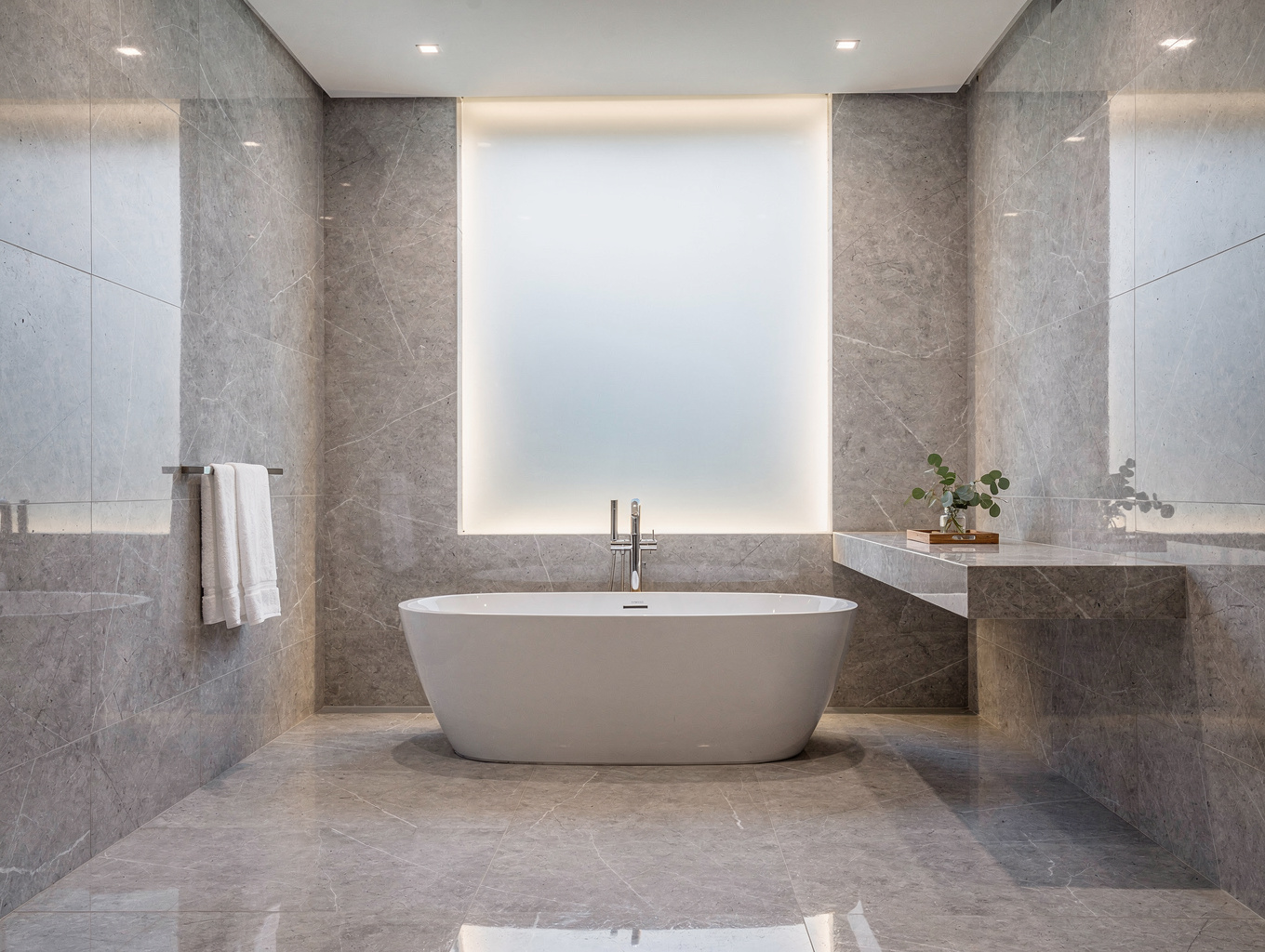 Representative luxury master bathroom with wet room and standalone soaking tub