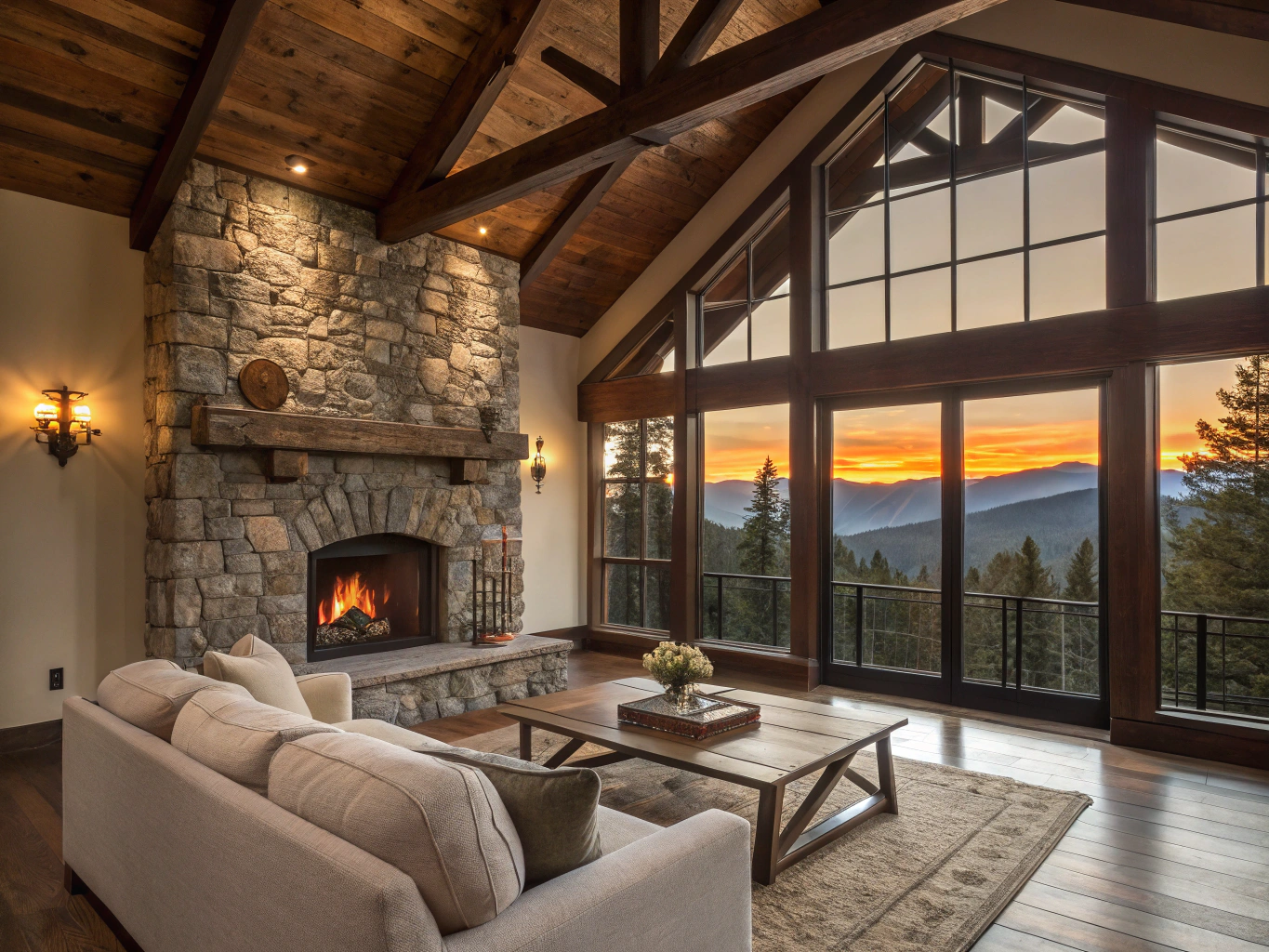 Representative estate great room addition featuring vaulted ceilings and timber beams
