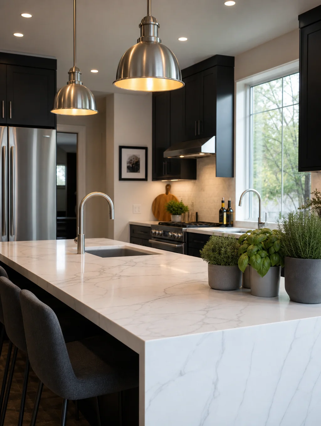 Example design inspiration: kitchen with marble island and full-height cabinets